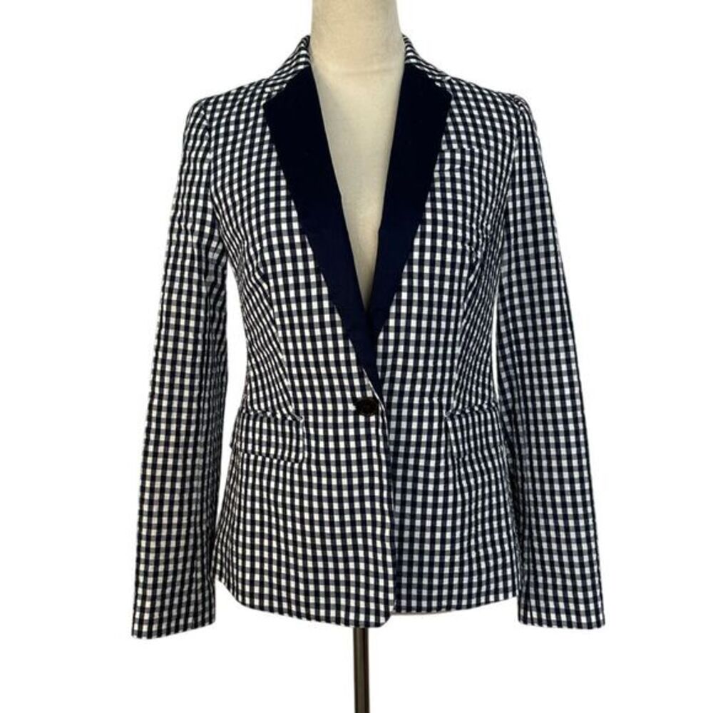J.Crew Gingham Check Blazer Blue White Tuxedo Lapel‎ Professional Womens Size 2